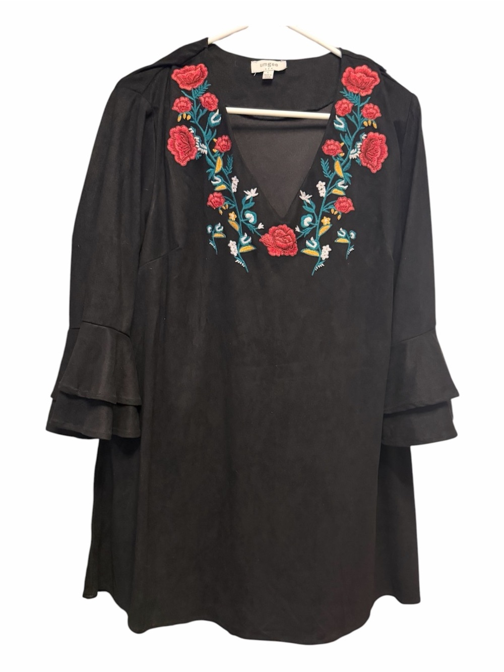 Umgee Black Midi Dress with Red Floral Embroidery
